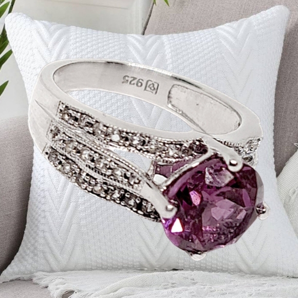 Purple Sapphire and Small CZ Stones Sterling Silver Ring - Picture 2 of 6